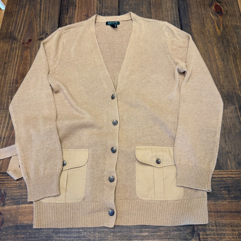 Lauren Ralph Lauren Womens Tan Linen Cotton Belted Cargo Pocket Cardigan Large